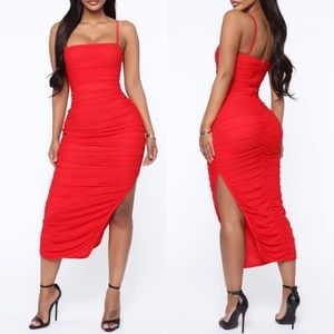 Fashion Nova Red Feeling My Mesh Ruched Slit Spaghetti Strap Midi Dress Sz M